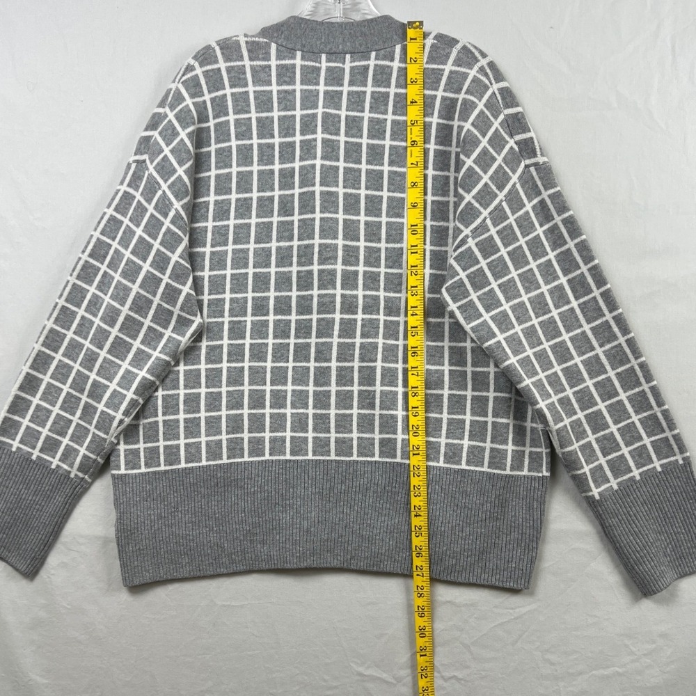A New Day Cardigan Sweater Women XL Grey Windowpane Button Front V-Neck Pockets - Picture 7 of 11